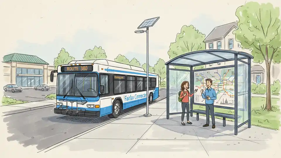 Fairfax Connector bus at suburban transit stop with route map visible in background