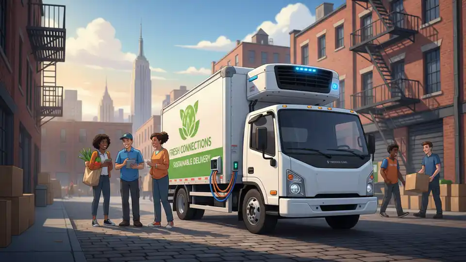 Electric or hybrid transport refrigeration unit installed on delivery truck, showing cleaner cooling technology replacing diesel-powered systems