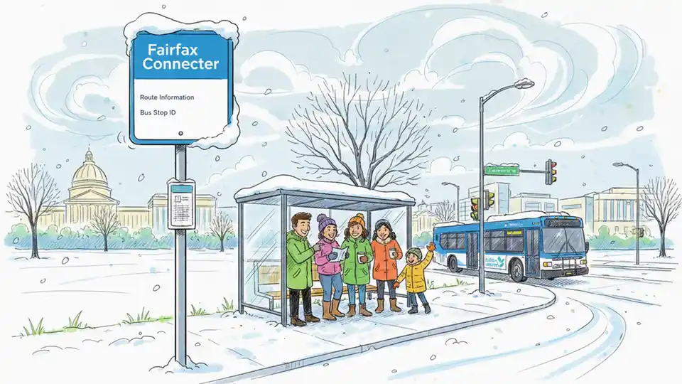 Fairfax Connector bus stop sign with snow accumulation and winter weather conditions