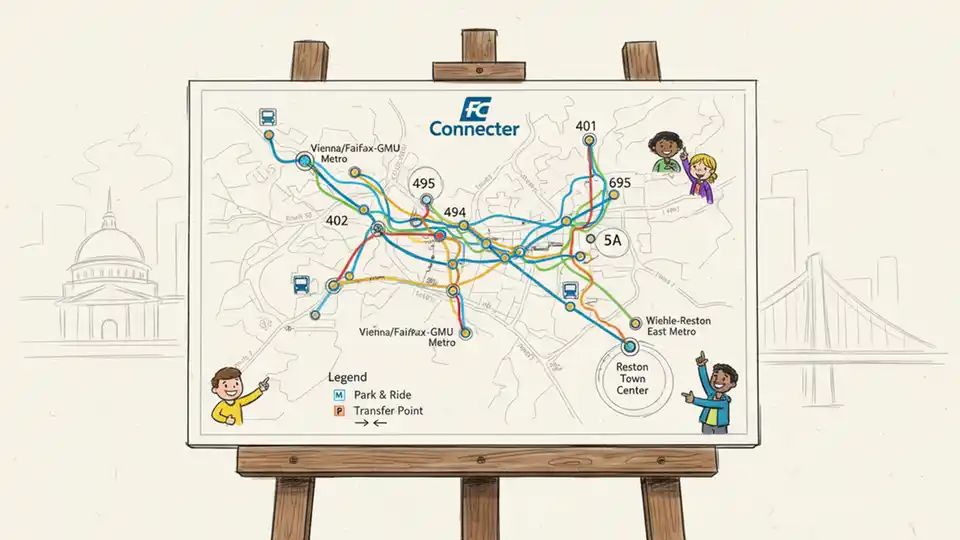 Fairfax Connector route map display showing multiple bus lines and connections at transit center