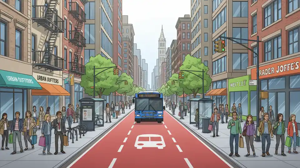 Wide-angle view of 14th Street busway with MTA bus, pedestrians on sidewalk, and storefronts along corridor between Meatpacking District and Union Square