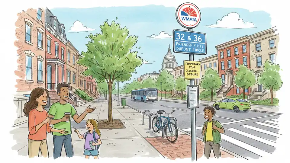 WMATA bus stop pole with route sign and temporary closure notice posted, urban Washington DC street setting
