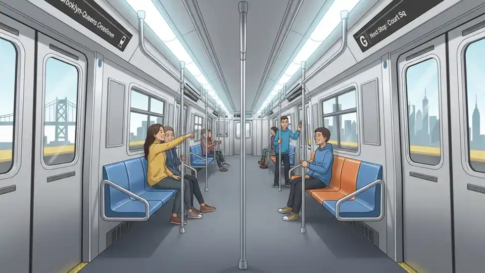 Modern open gangway subway car interior similar to G train design, showing connected cars that allow passengers to walk freely between sections with contemporary seating and accessibility features