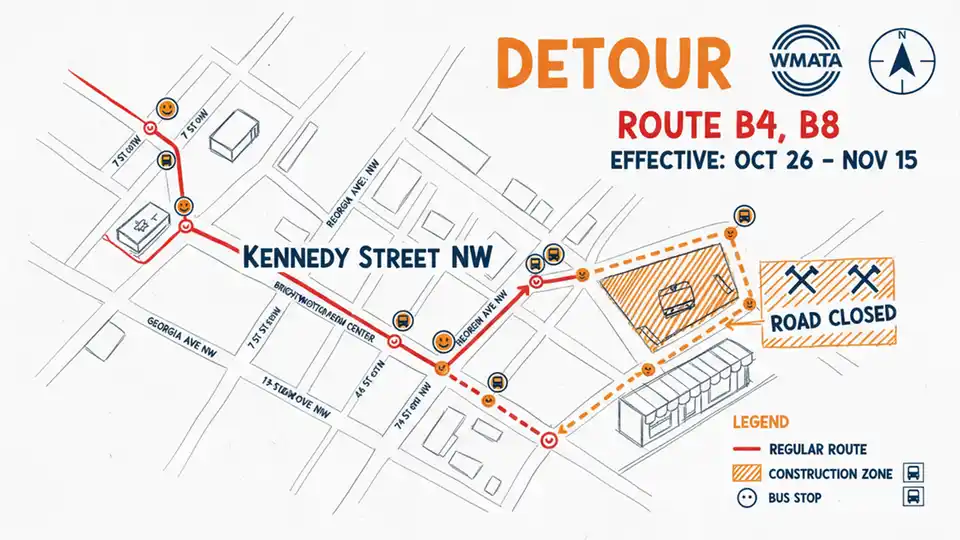 WMATA bus route map showing detour path around Kennedy Street NW construction zone in Washington DC