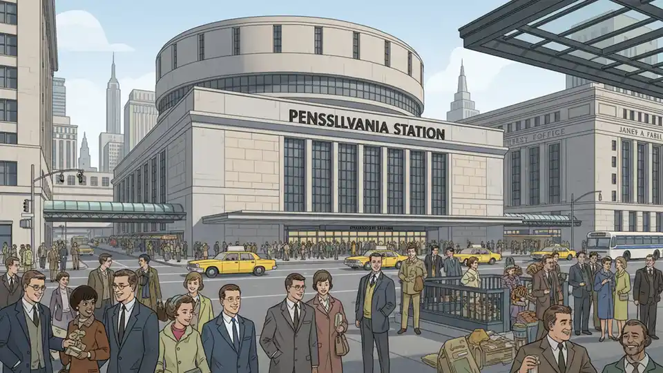 Penn Station exterior facade showing main entrance and architectural details