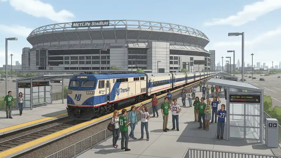 NJ Transit train approaching MetLife Stadium with passengers waiting on platform