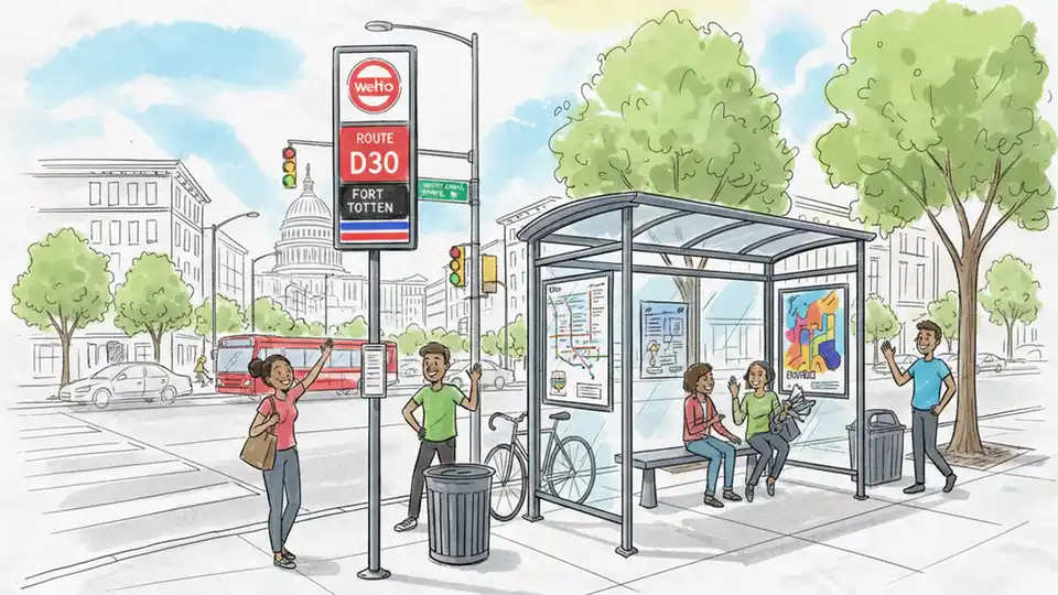 WMATA bus stop sign and shelter on North Capitol Street NE showing route D30 information, with Fort Totten destination displayed, urban Washington DC street setting