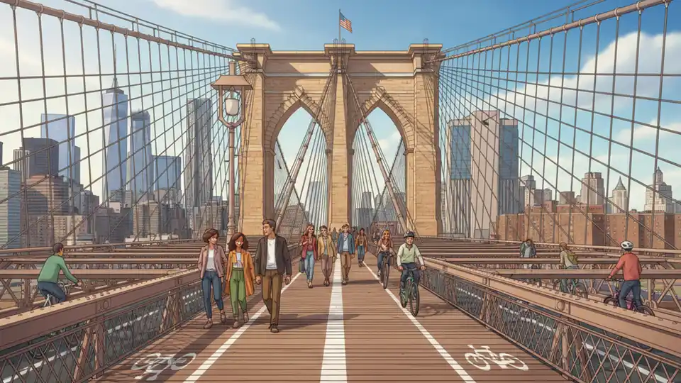 Wide-angle view of Brooklyn Bridge pedestrian walkway and bike lane showing separated paths on the bridge deck with Manhattan skyline in background