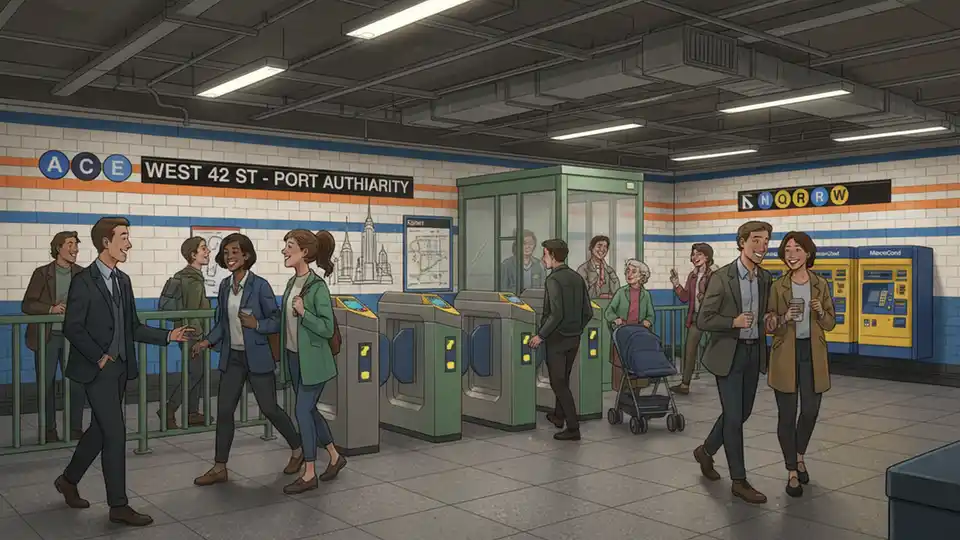 New York City subway station entrance showing traditional turnstiles and fare gates with commuters entering during rush hour