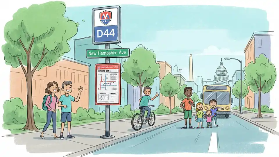 WMATA bus stop sign showing route D44 information with New Hampshire Avenue street sign visible