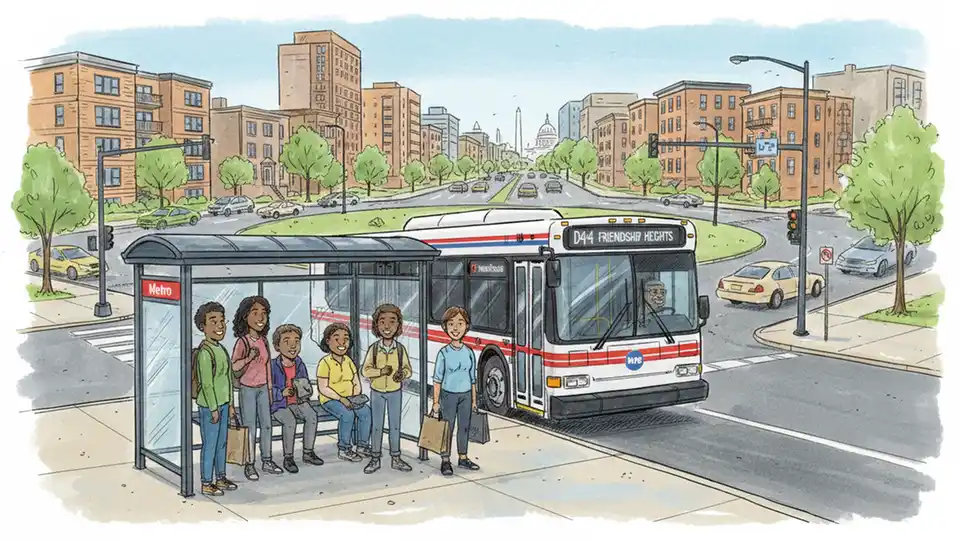WMATA Route D44 bus at urban bus stop with passengers waiting, Grant Circle area visible in background