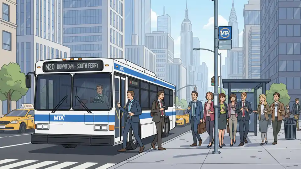 New York City bus at a Manhattan bus stop with passengers boarding, showing typical weekday commuter scene, urban street background with buildings, daytime