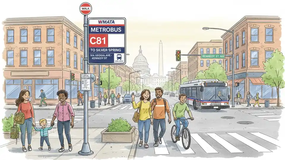 WMATA bus stop sign showing route C81 information at Kennedy Street and Georgia Avenue intersection, clear street view