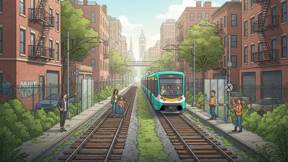 Proposed Interborough Express light rail route corridor between Brooklyn and Queens with existing rail infrastructure