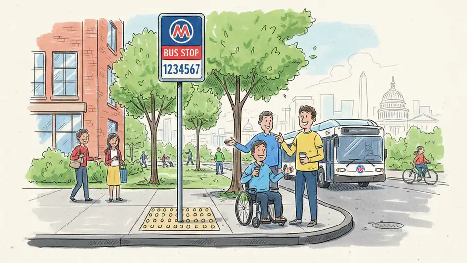 Bus stop sign with stop ID number visible and concrete ADA accessibility pad at WMATA bus stop