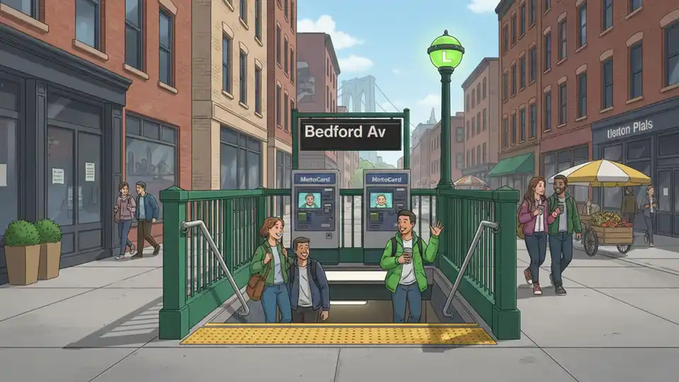 Bedford Avenue L train subway station entrance in Williamsburg Brooklyn with riders entering