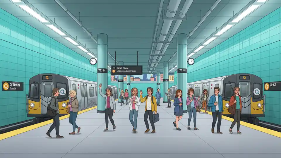 MTA Second Avenue Subway station platform with Q train and passengers in Upper East Side Manhattan