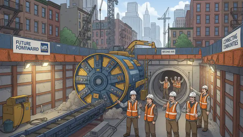 Second Avenue Subway construction site with tunnel boring equipment and workers in Manhattan