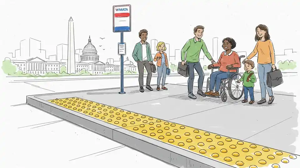 Close-up of ADA-compliant bus boarding pad at WMATA bus stop with tactile warning strips