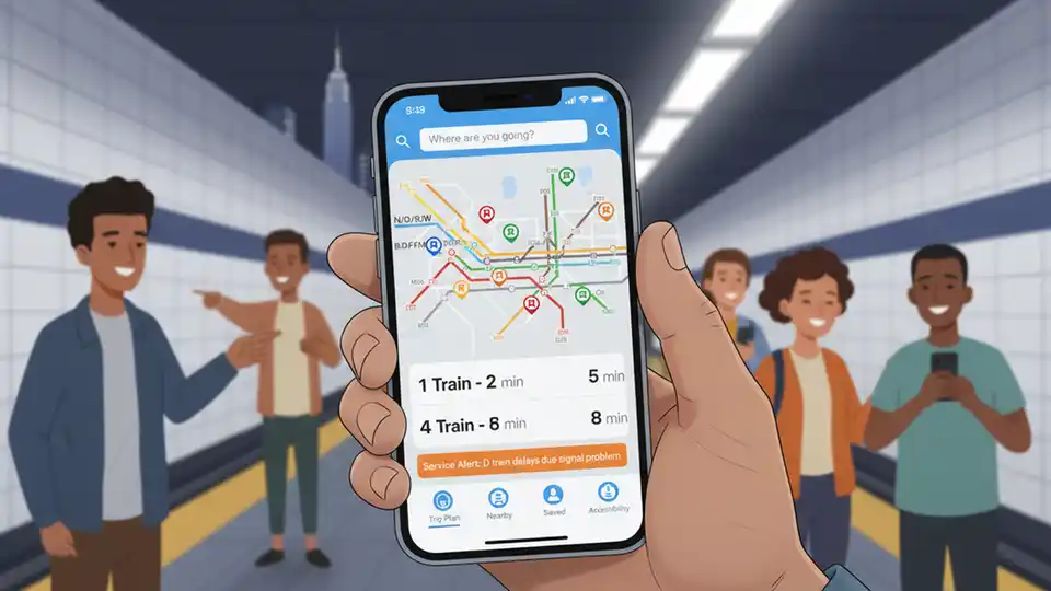Smartphone screen displaying MTA mobile app interface with real-time train tracking and navigation features visible