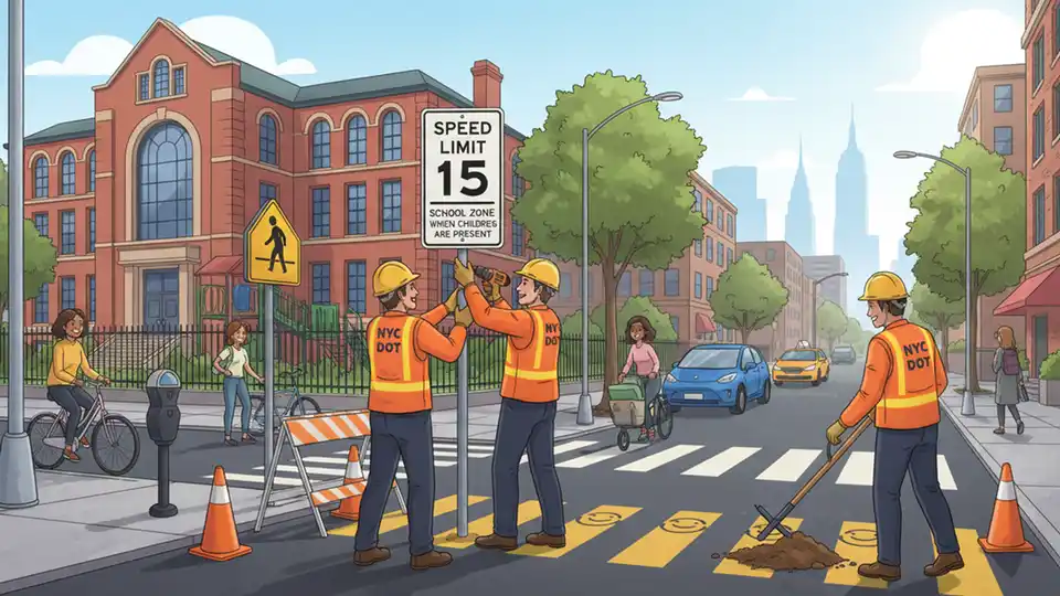New York City Department of Transportation workers installing 15 mph speed limit signage near school building