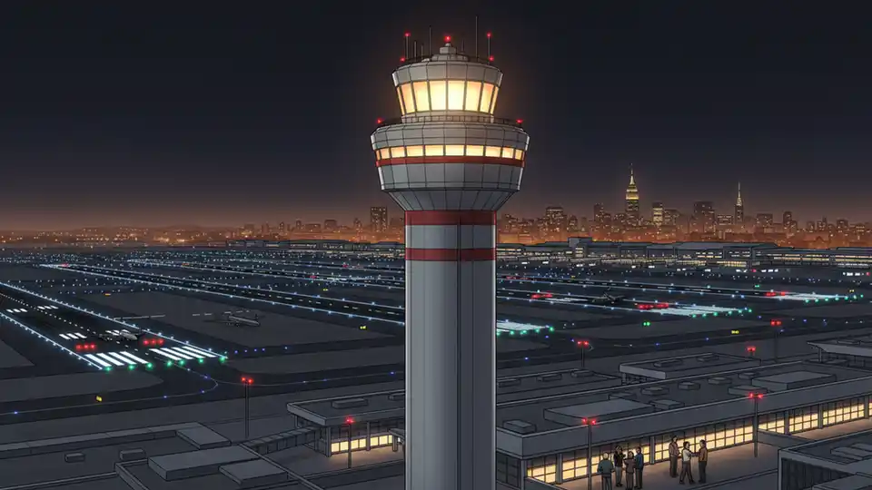 Airport control tower at night with illuminated runways and taxiways at major urban airport facility