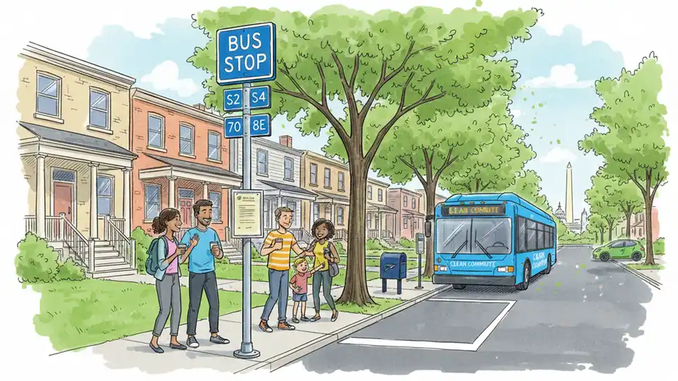 Bus stop sign with route number and schedule posted, residential street setting with sidewalk and trees