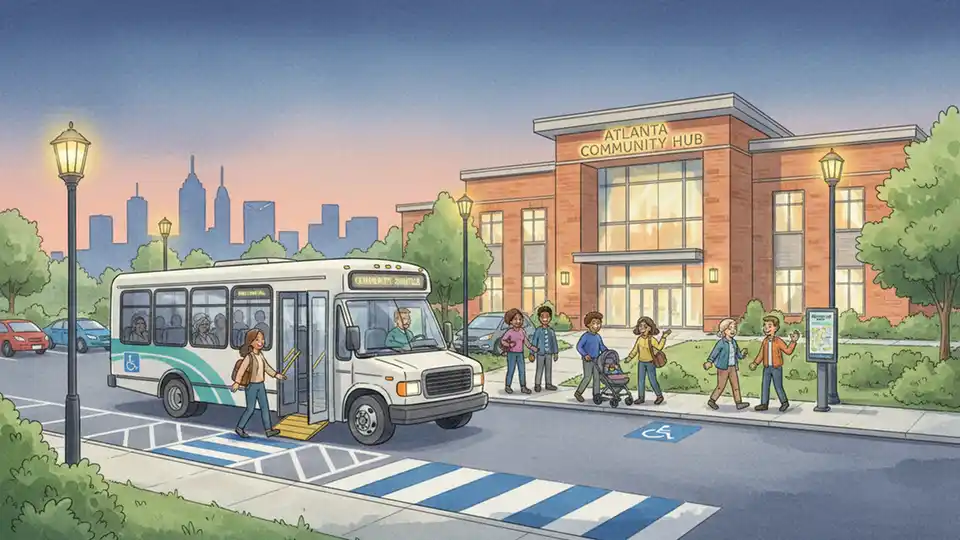 Shuttle bus at Atlanta community center with parking lot visible, evening lighting showing accessible transportation options for town hall attendees