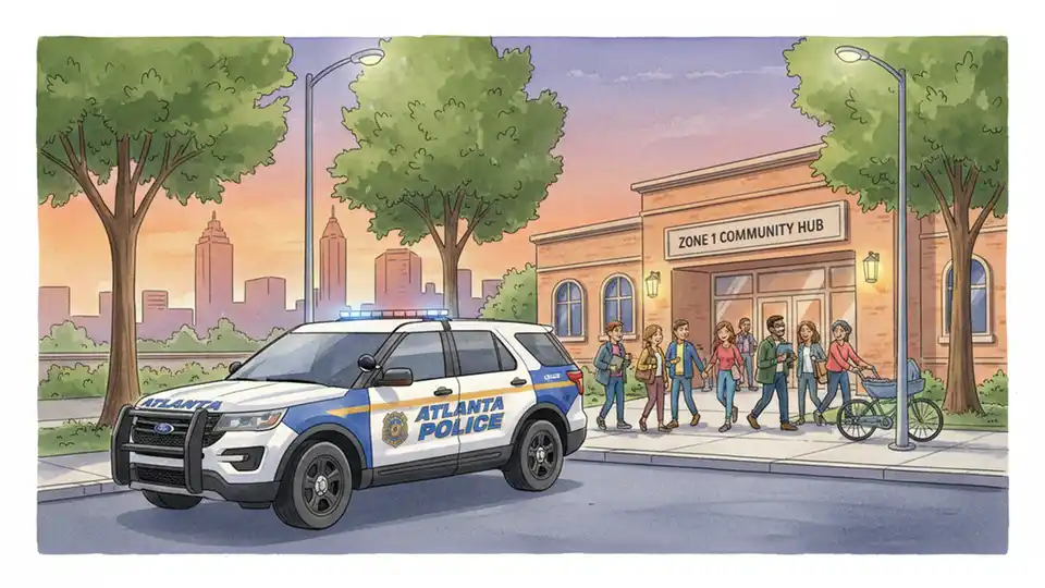Atlanta Police Department patrol car parked outside Zone 1 community meeting venue with residents entering building at dusk