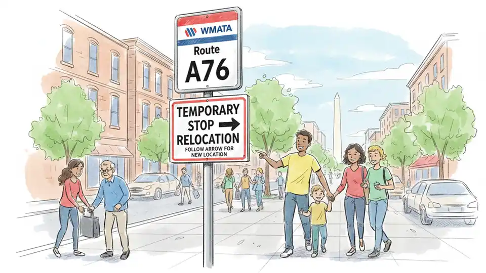 Bus stop sign showing temporary relocation notice with WMATA Route A76 information and directional arrow