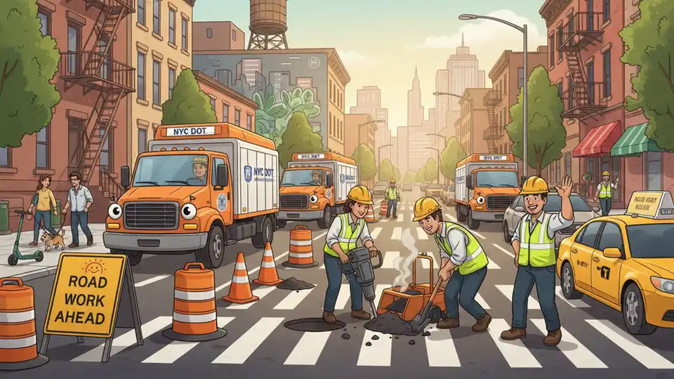 Multiple DOT repair trucks and crews working on pothole repairs across New York City borough with traffic management equipment