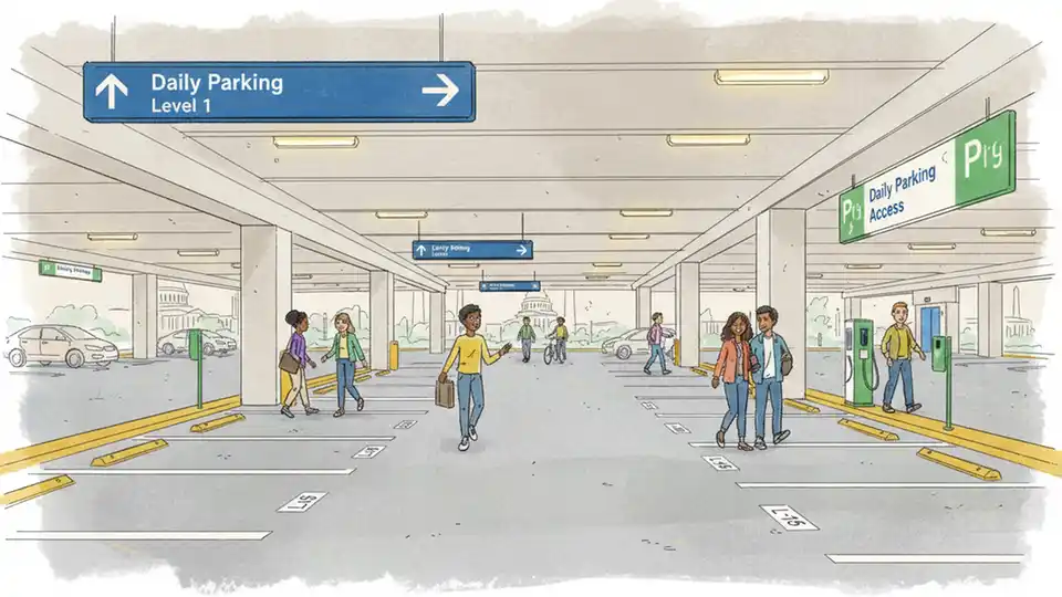 Metro Park & Ride lot lower level at Southern Avenue Station with available parking spaces and clear wayfinding signage for daily parking