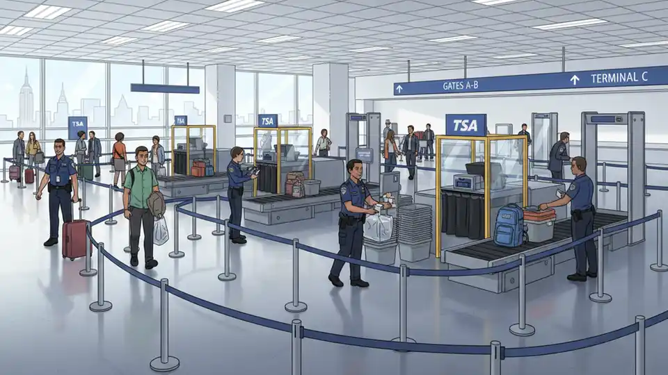 TSA security screening area at LaGuardia Airport with security officers and passengers