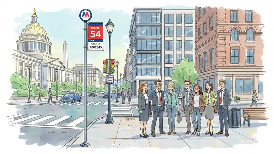 WMATA bus stop sign showing route number and stop ID with downtown Washington DC street corner and pedestrians waiting