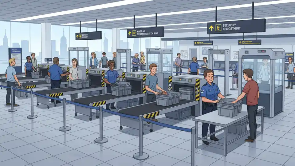 TSA security checkpoint at major international airport terminal with screening equipment and passenger processing area
