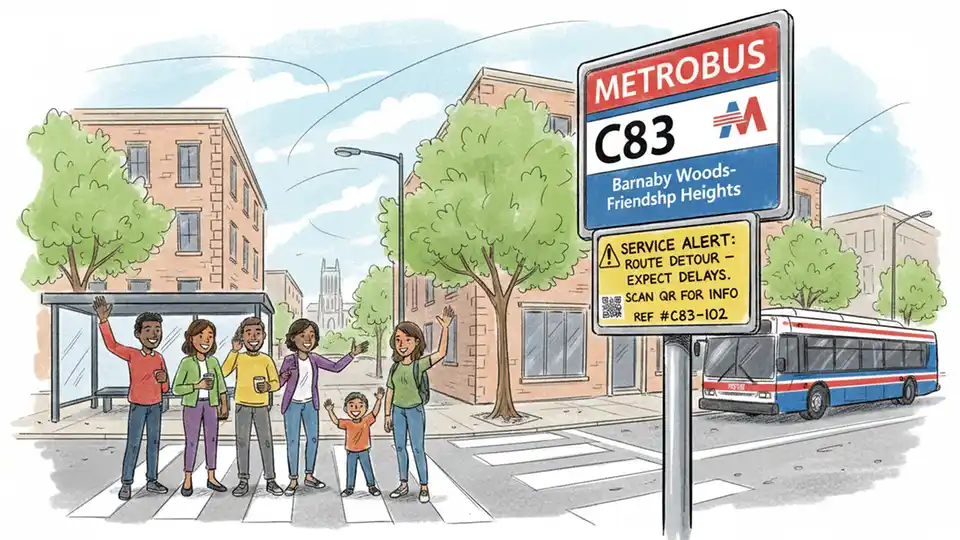 WMATA bus stop sign showing C83 Barnaby Woods-Friendship Heights route with service alert notification