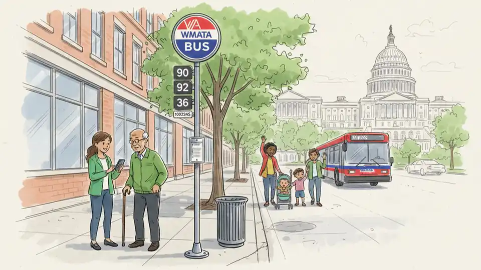 WMATA bus stop sign with route numbers and stop ID posted on Pennsylvania Avenue SE