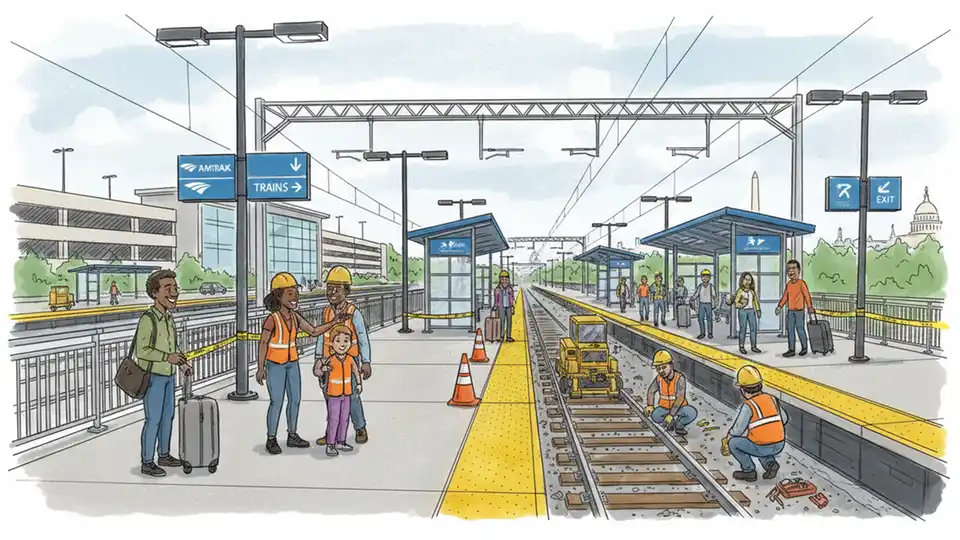 Amtrak train platform at New Carrollton station with construction equipment and workers upgrading rail infrastructure