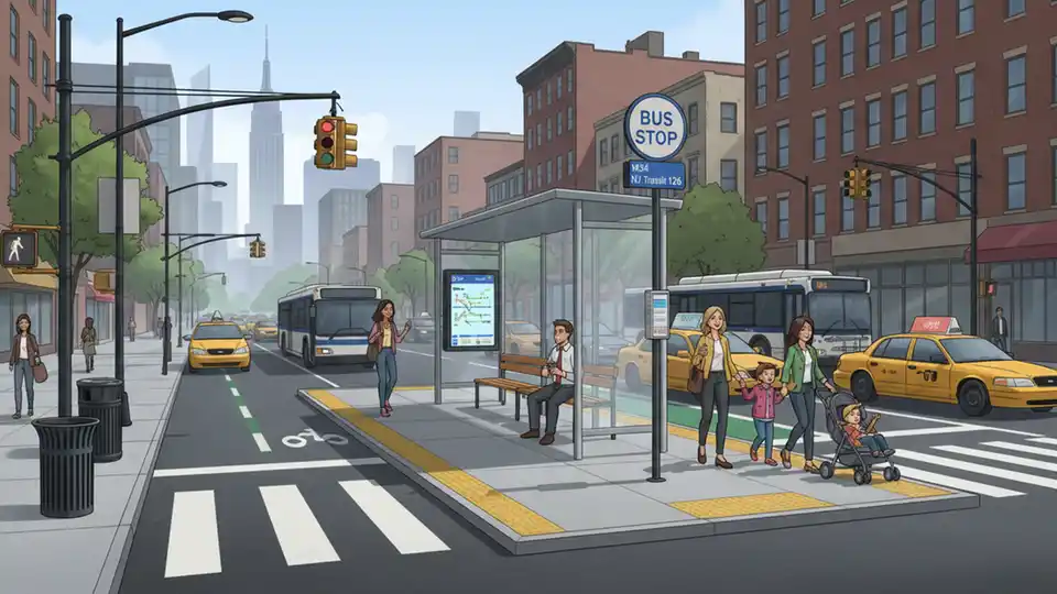 Bus boarding island with pedestrian refuge area on urban boulevard with traffic signals