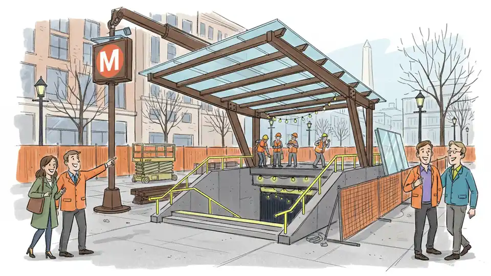 Metro station entrance canopy and stairway construction showing weather protection infrastructure being installed at subway station entrance