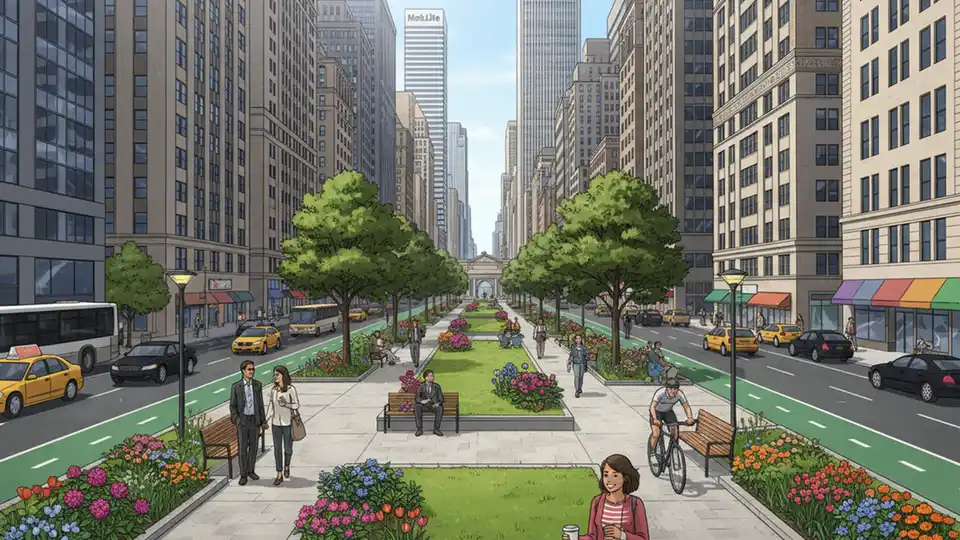 Park Avenue median with pedestrians and cyclists, showing expanded green space concept with trees and landscaping, urban setting