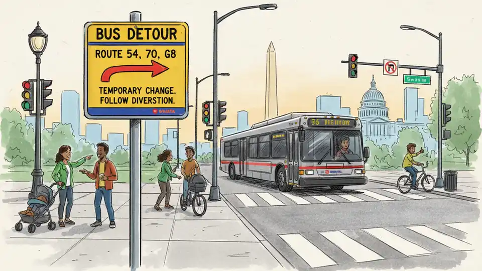WMATA bus route detour sign at intersection with directional arrows