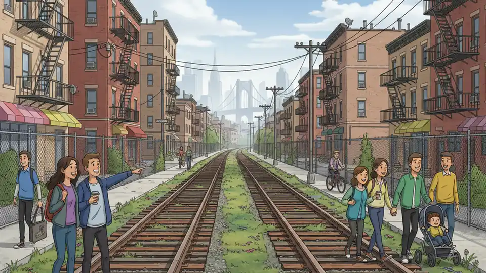 Freight rail corridor in Queens with existing tracks, urban residential buildings visible on both sides, showing future Interborough Express route alignment