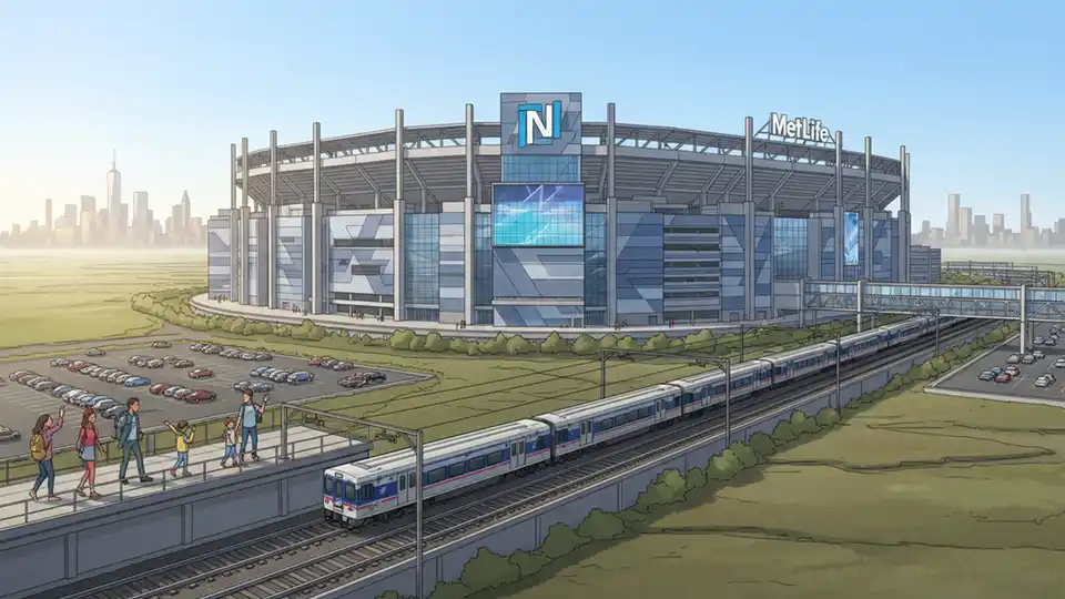 MetLife Stadium exterior with NJ Transit rail line visible, showing the connection between the venue and transit infrastructure used by commuters and event attendees