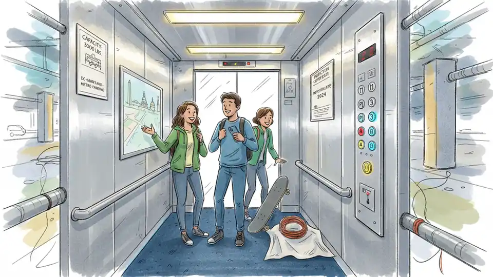 Metro parking garage elevator interior showing modern cab controls and safety features during upgrade work