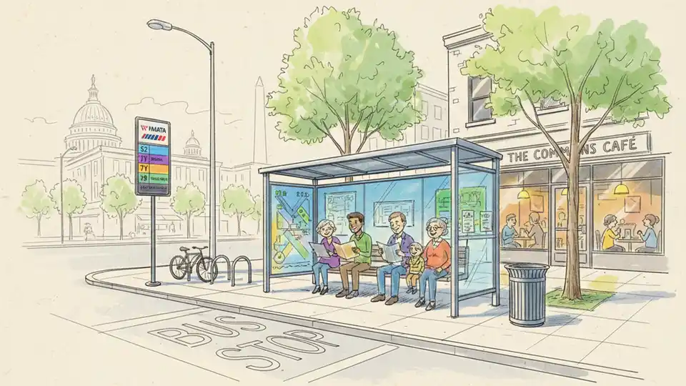 Bus stop sign and shelter on commercial street with restaurant visible in background, showing typical WMATA stop infrastructure and passenger waiting area