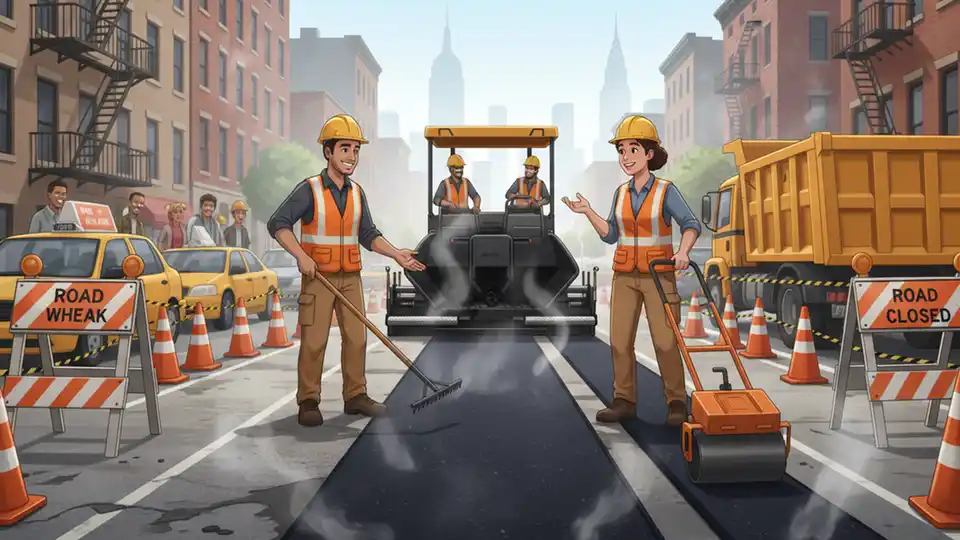 NYC street repair crew performing strip paving work with asphalt equipment and road closure signs