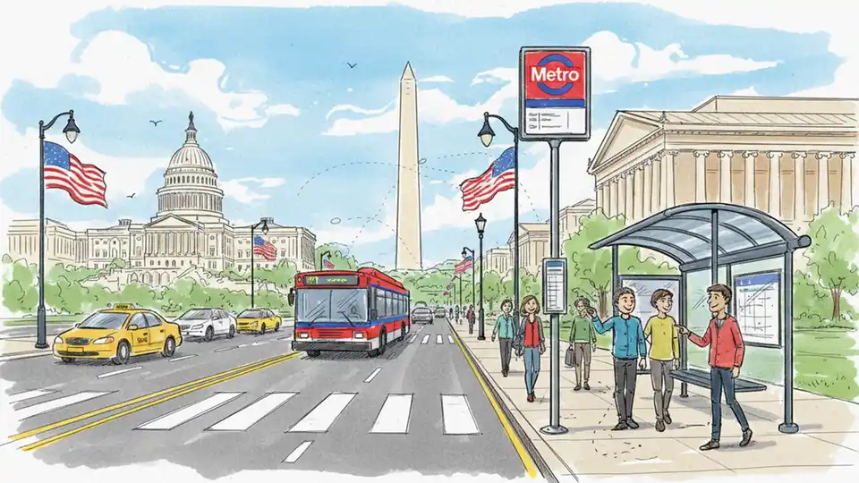 Constitution Avenue in downtown Washington DC with Metro bus stop sign
