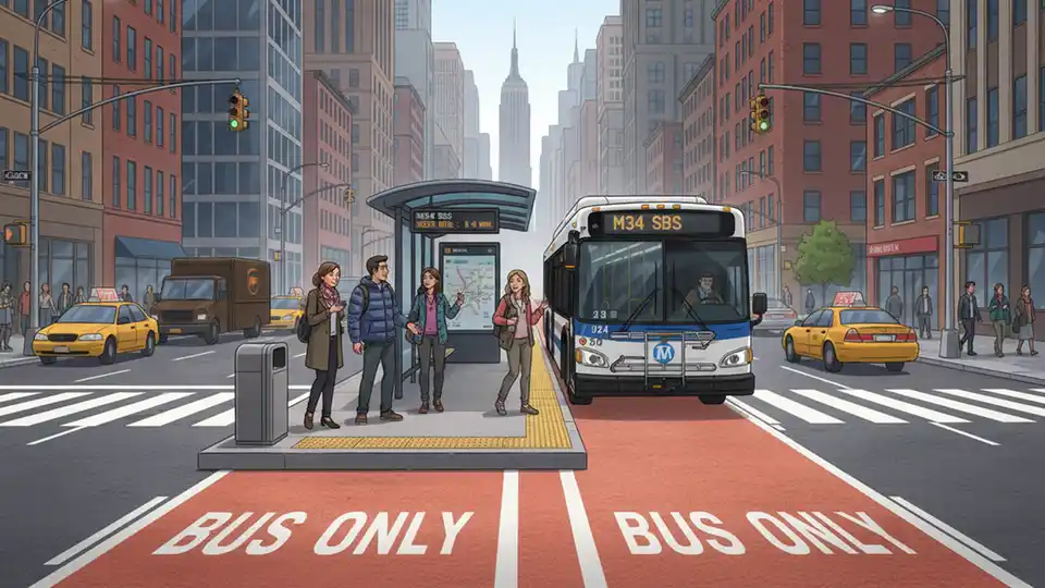 Center-running bus lane with concrete boarding island and waiting passengers