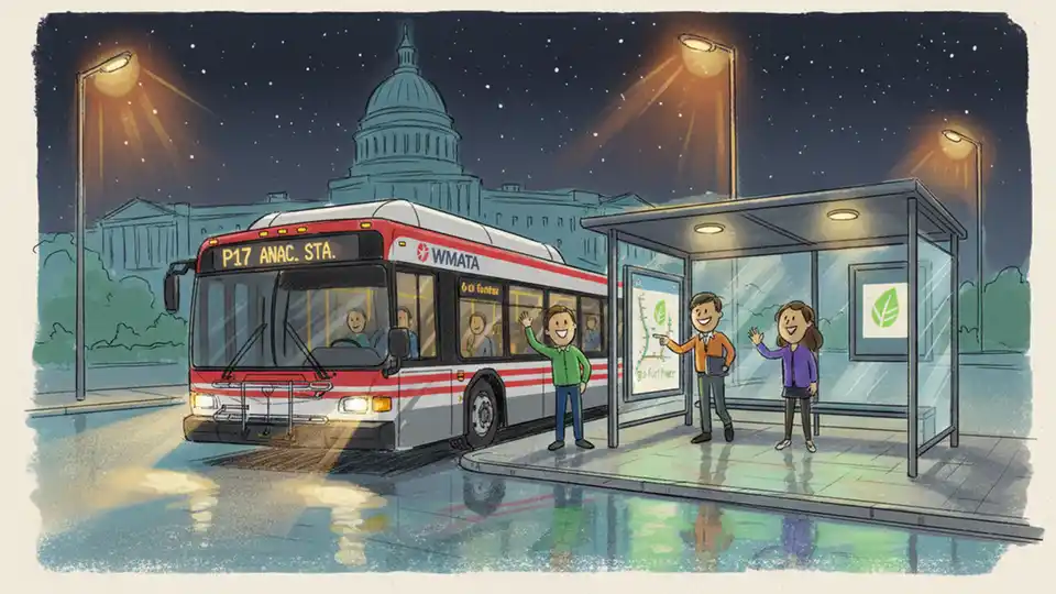 Washington DC Metro bus approaching a bus stop shelter at night, with illuminated route display showing P-series route numbers